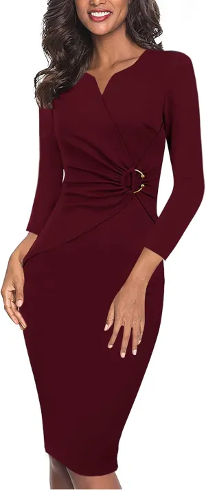 VFSHOW Womens Elegant Notch Neck Ruched Cocktail Party Work Office Business Church Bodycon Sheath Dress