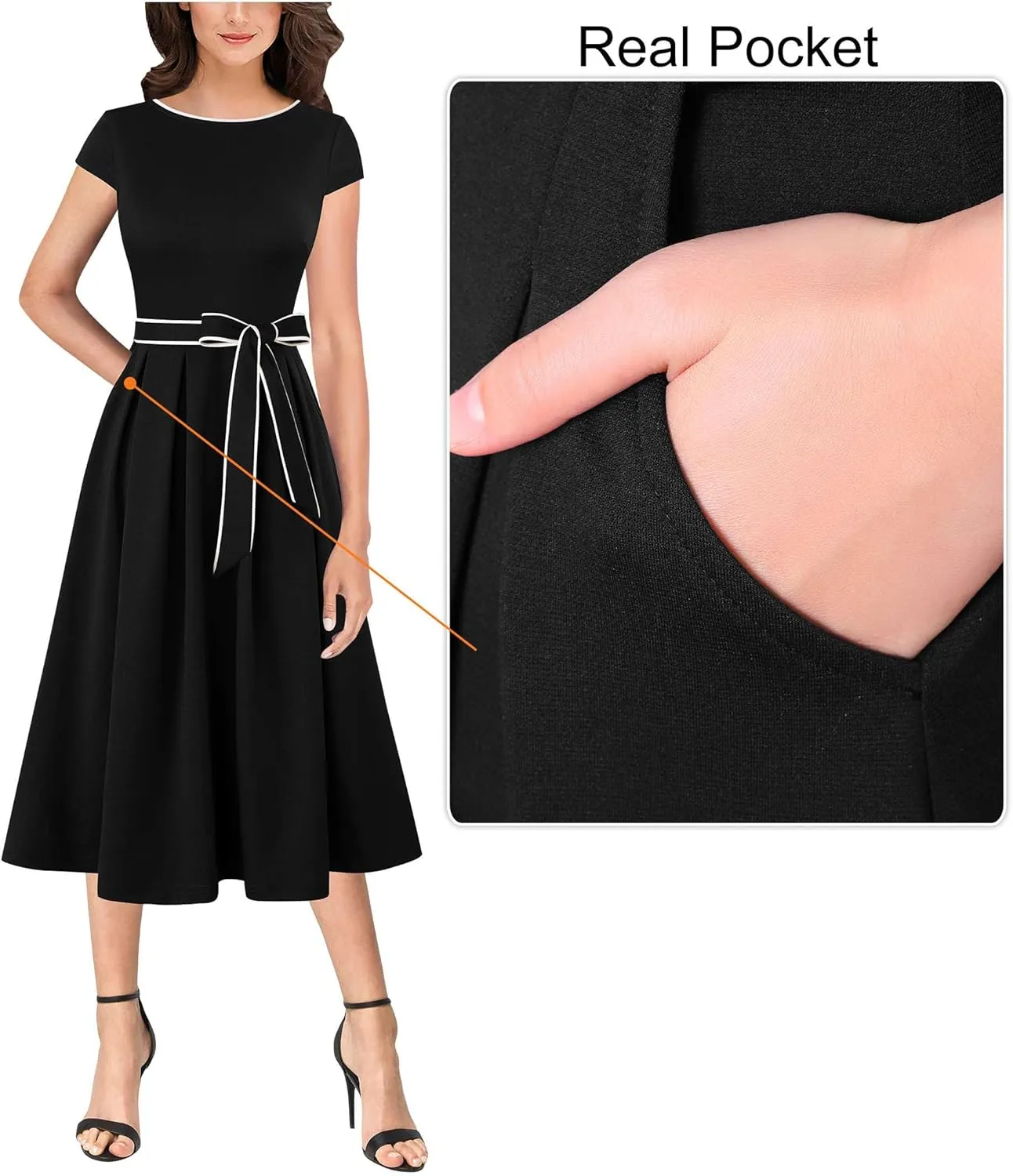 VFSHOW Womens Elegant Patchwork Pockets Belted Pleated Work Office Business Casual Party A-Line Midi Dress