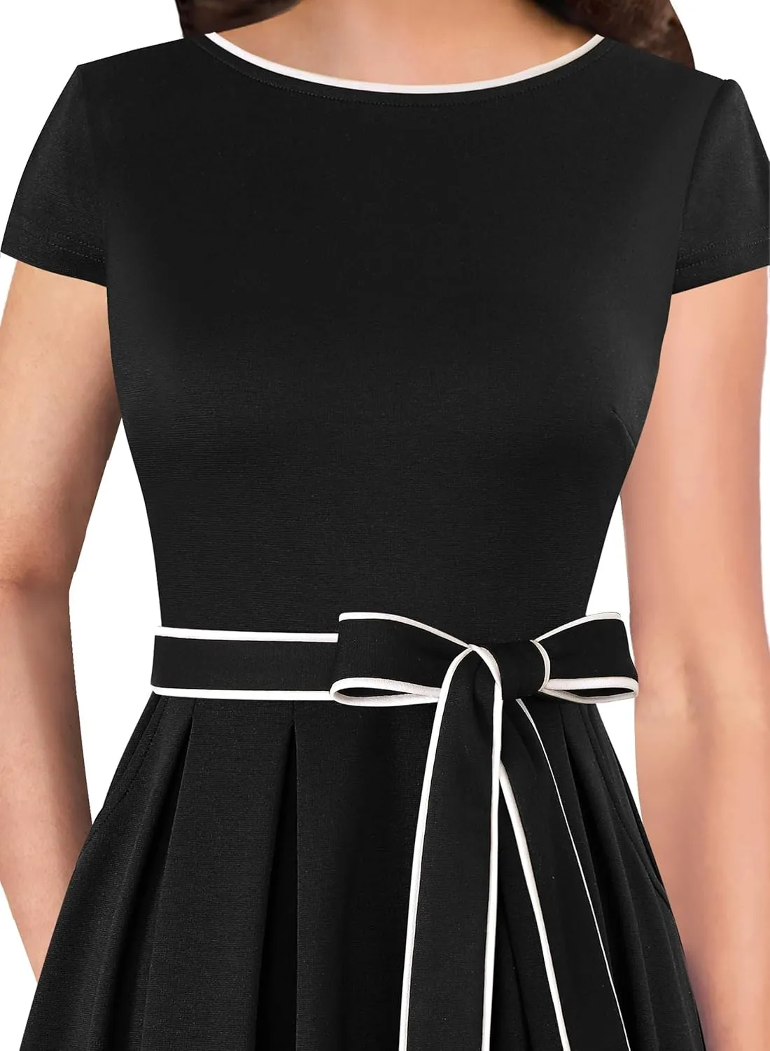 VFSHOW Womens Elegant Patchwork Pockets Belted Pleated Work Office Business Casual Party A-Line Midi Dress