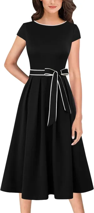 VFSHOW Womens Elegant Patchwork Pockets Belted Pleated Work Office Business Casual Party A-Line Midi Dress