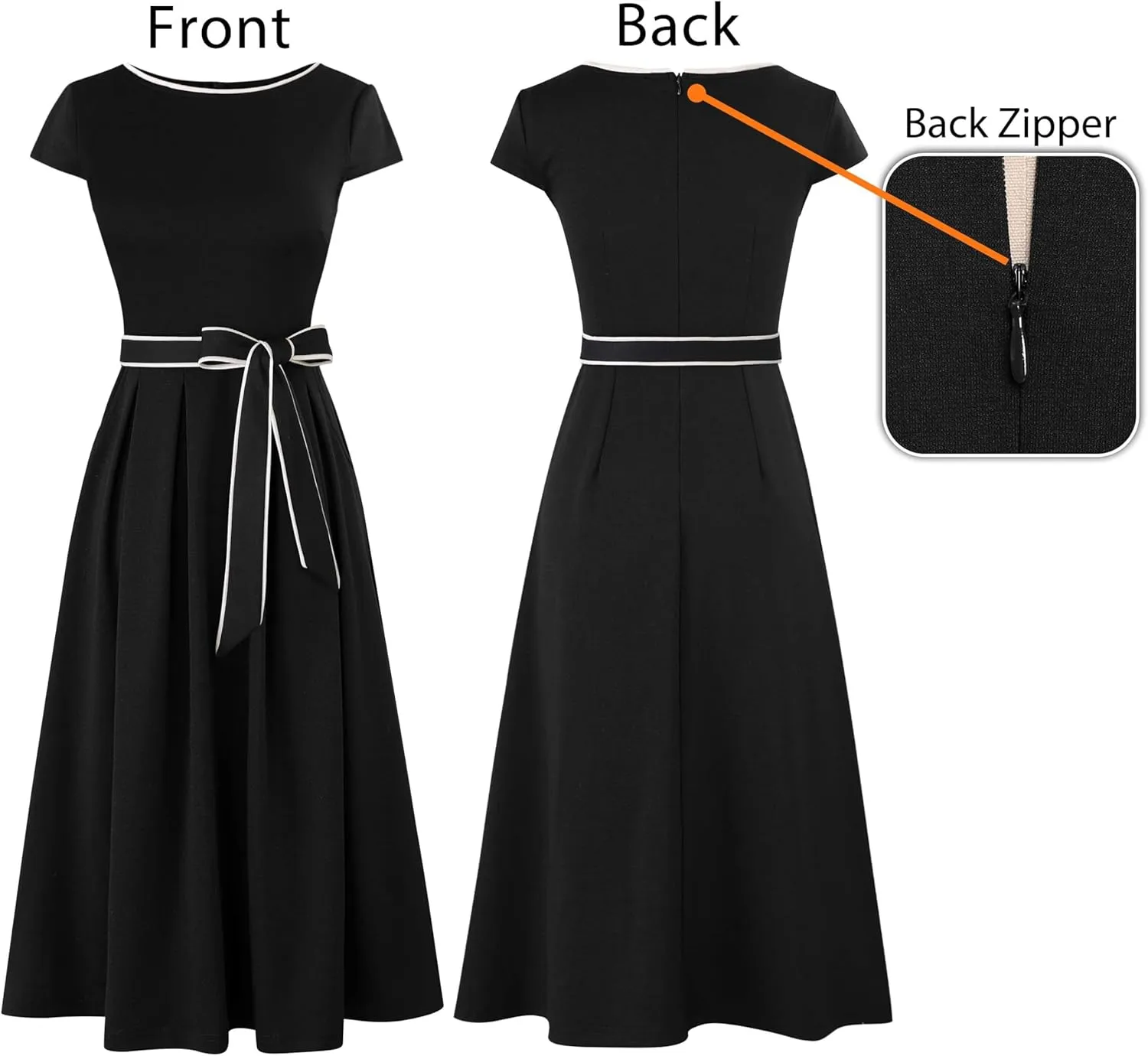 VFSHOW Womens Elegant Patchwork Pockets Belted Pleated Work Office Business Casual Party A-Line Midi Dress