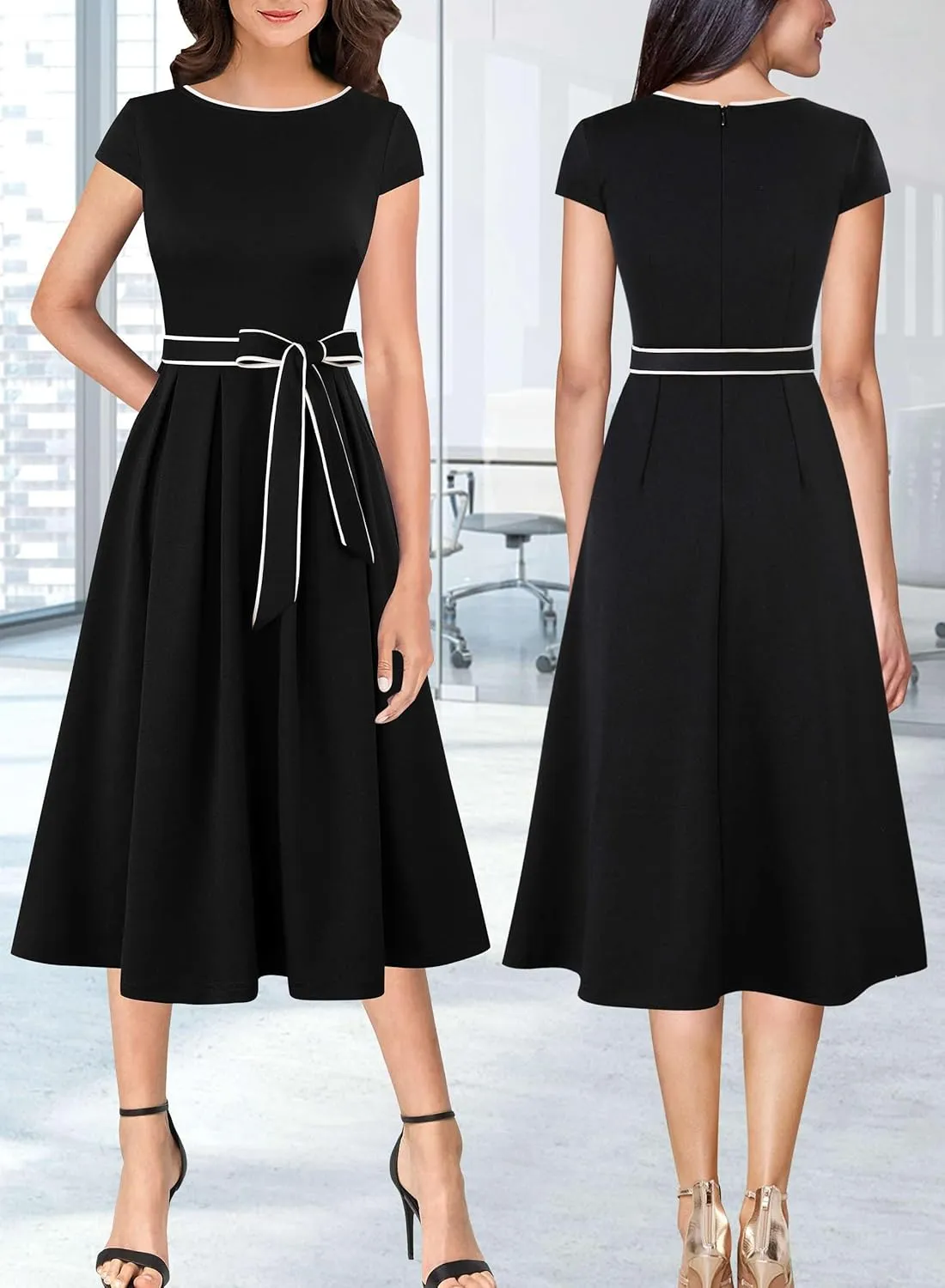 VFSHOW Womens Elegant Patchwork Pockets Belted Pleated Work Office Business Casual Party A-Line Midi Dress