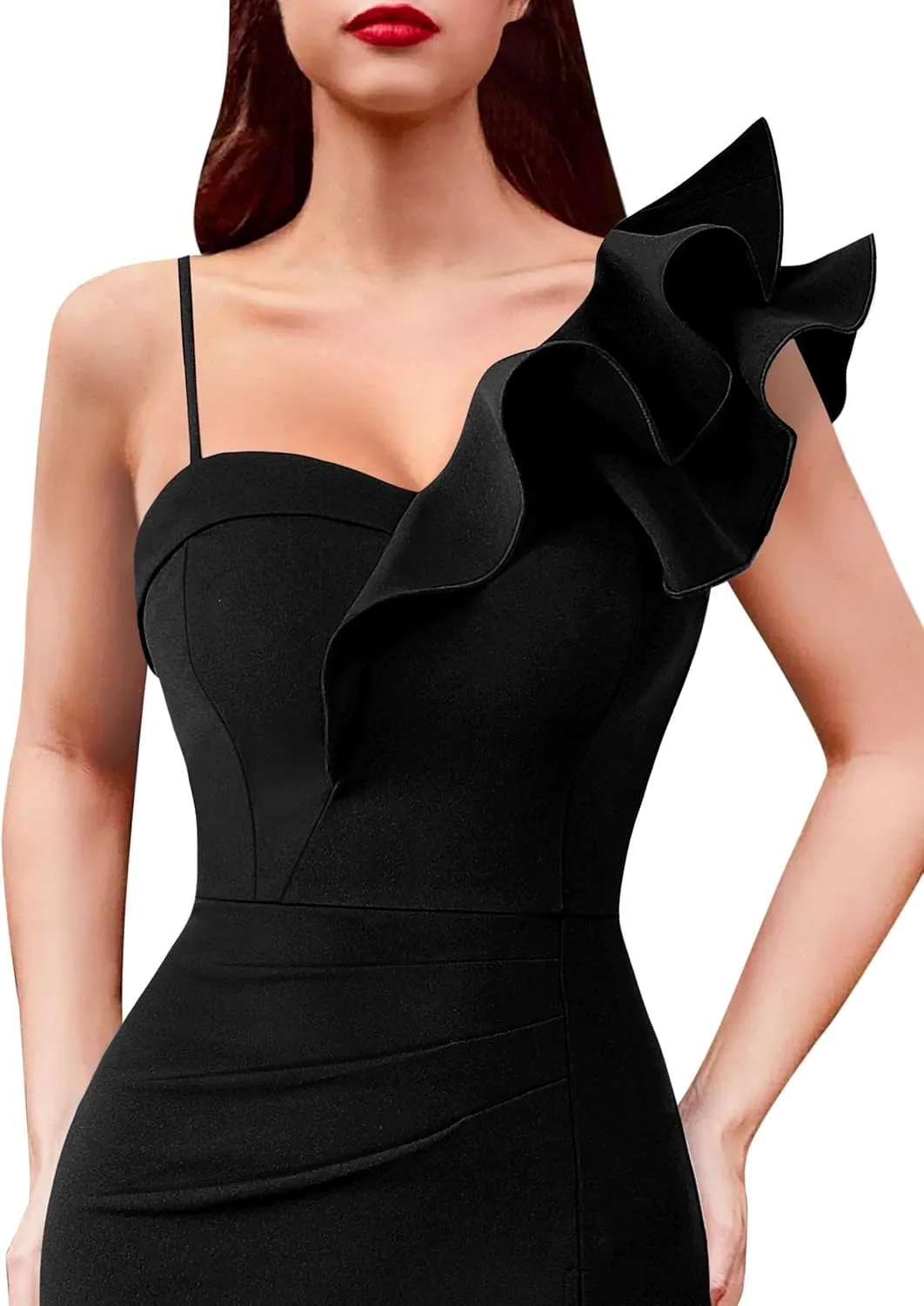 VFSHOW Womens Ruffle One Shoulder Strap Ruched Formal Prom Wedding Maxi Dress V Neck Elegant Split Cocktail Evening Long Gown