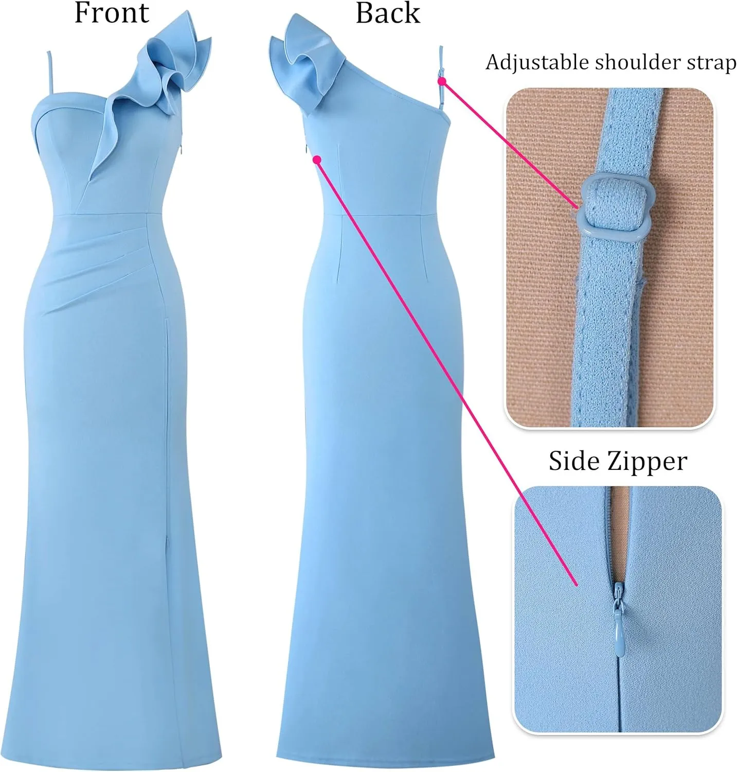VFSHOW Womens Ruffle One Shoulder Strap Ruched Formal Prom Wedding Maxi Dress V Neck Elegant Split Cocktail Evening Long Gown