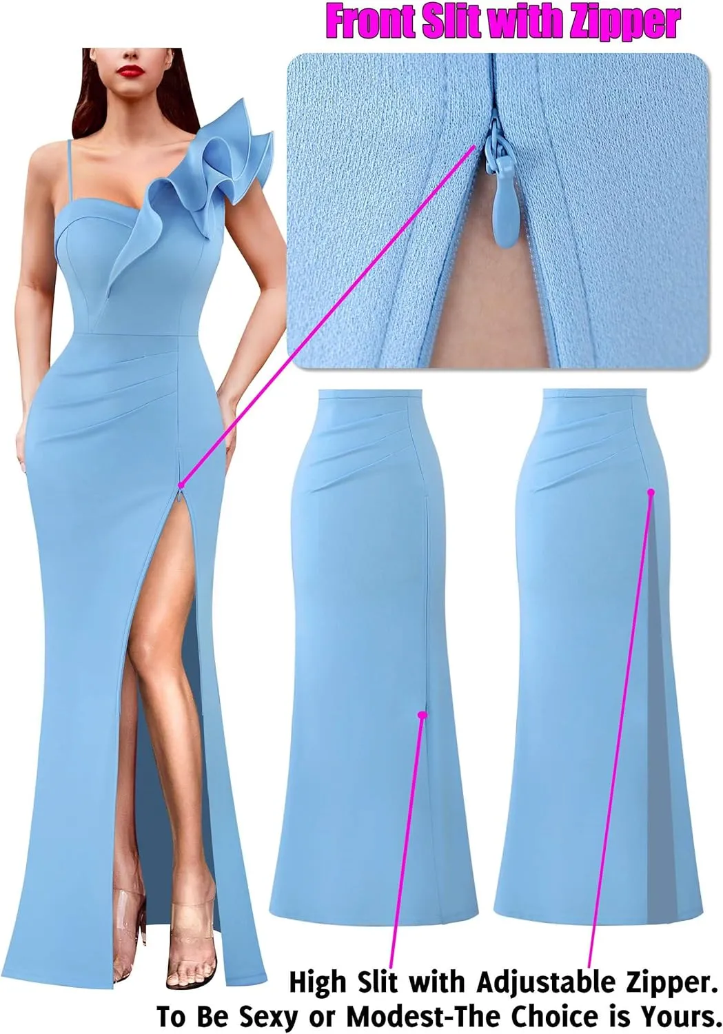 VFSHOW Womens Ruffle One Shoulder Strap Ruched Formal Prom Wedding Maxi Dress V Neck Elegant Split Cocktail Evening Long Gown
