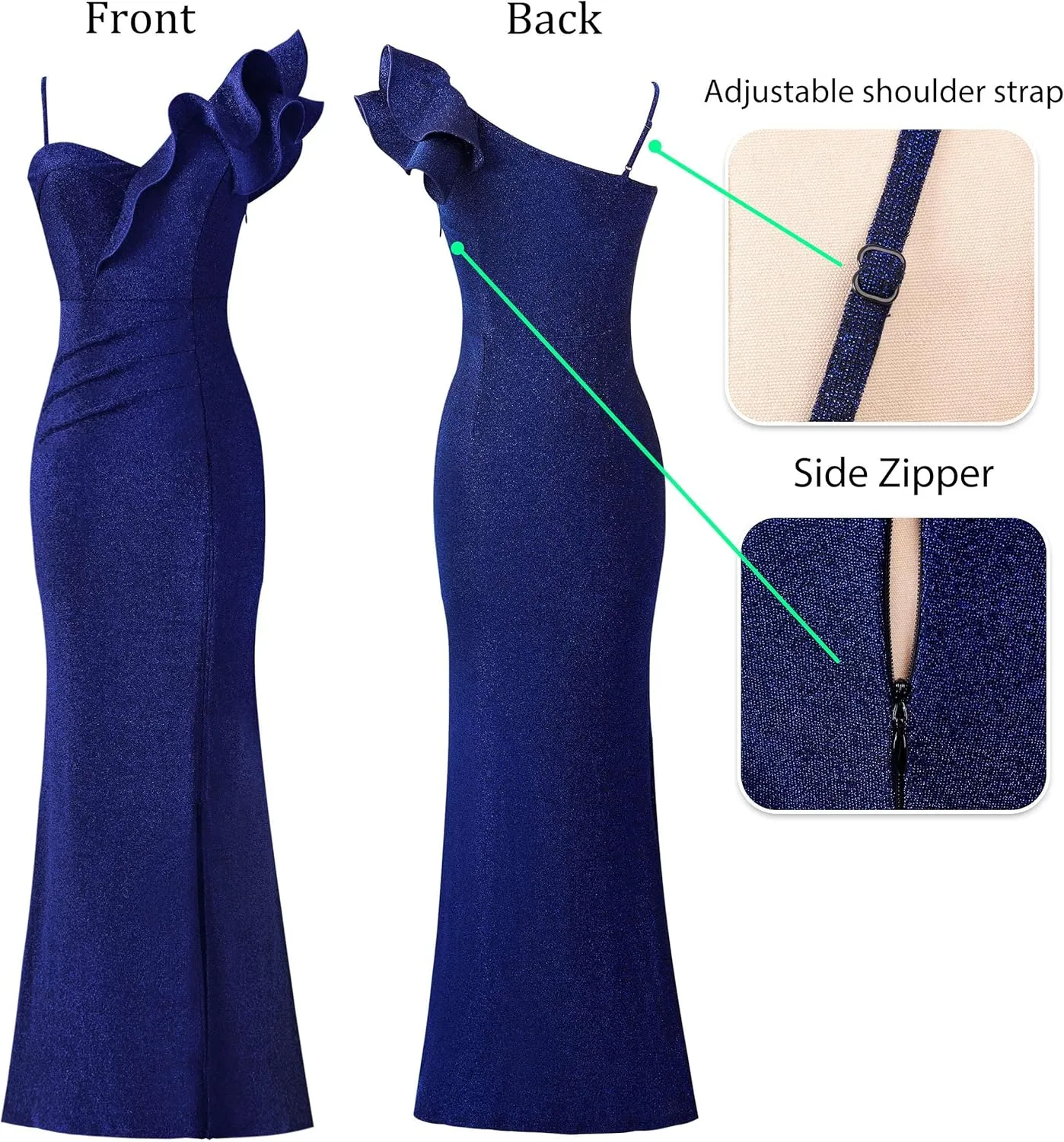 VFSHOW Womens Ruffle One Shoulder Strap Ruched Formal Prom Wedding Maxi Dress V Neck Elegant Split Cocktail Evening Long Gown