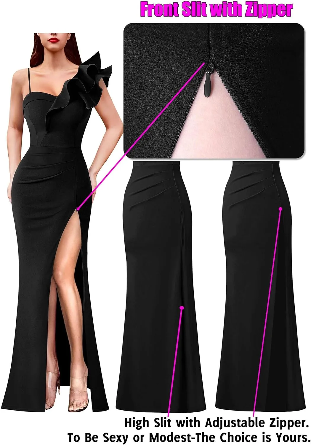 VFSHOW Womens Ruffle One Shoulder Strap Ruched Formal Prom Wedding Maxi Dress V Neck Elegant Split Cocktail Evening Long Gown
