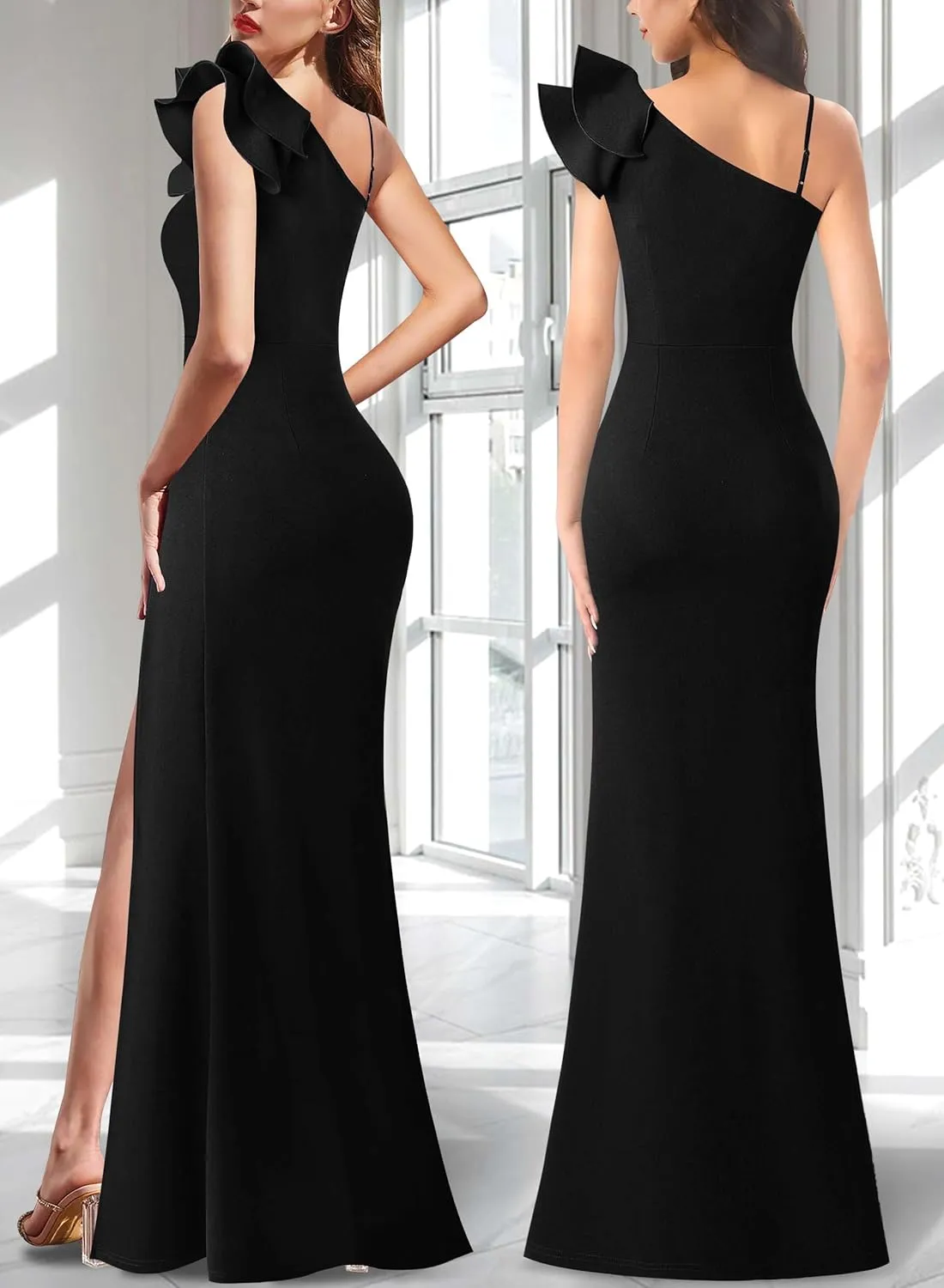 VFSHOW Womens Ruffle One Shoulder Strap Ruched Formal Prom Wedding Maxi Dress V Neck Elegant Split Cocktail Evening Long Gown
