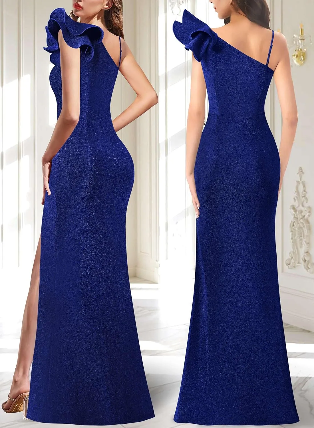 VFSHOW Womens Ruffle One Shoulder Strap Ruched Formal Prom Wedding Maxi Dress V Neck Elegant Split Cocktail Evening Long Gown