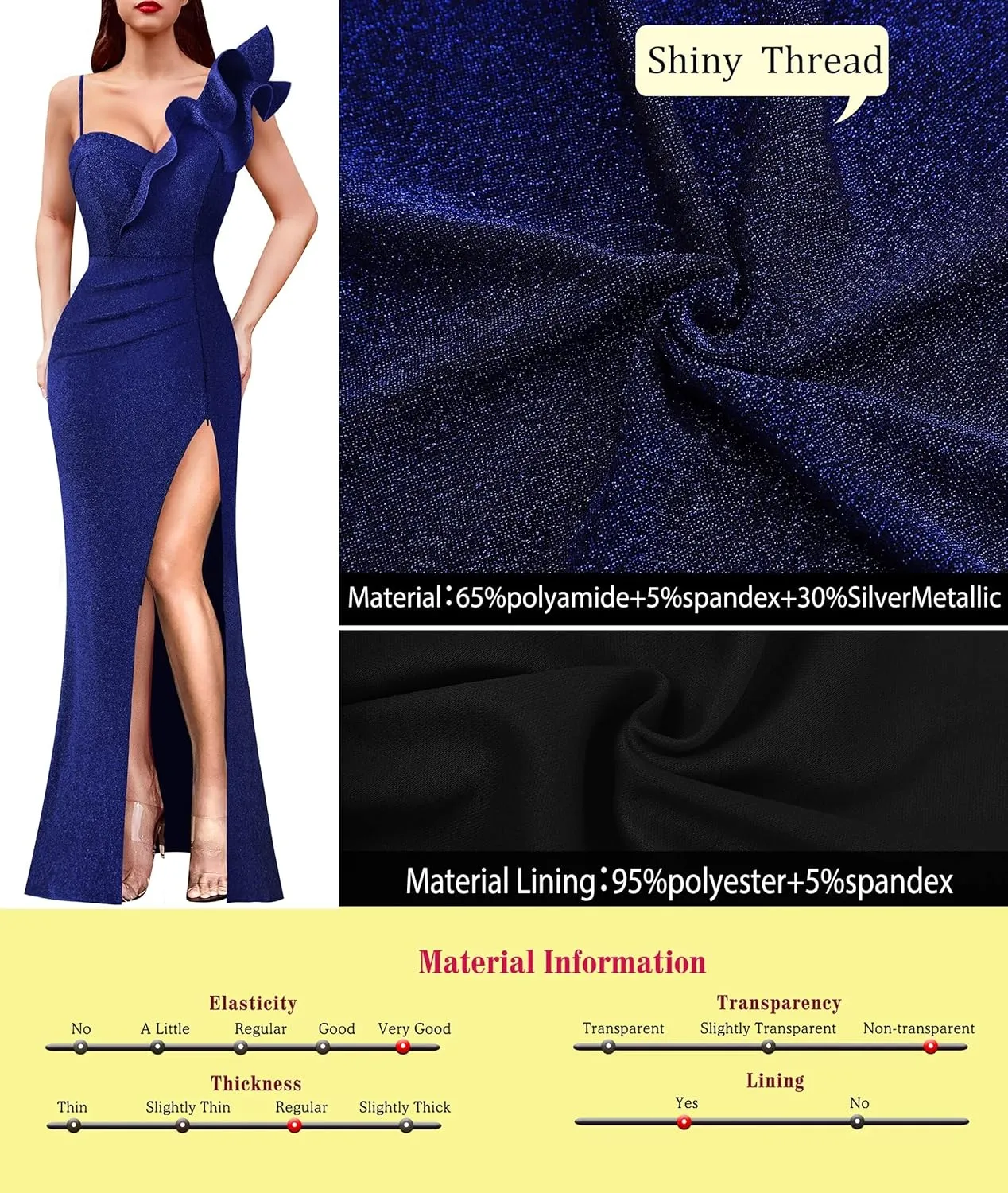 VFSHOW Womens Ruffle One Shoulder Strap Ruched Formal Prom Wedding Maxi Dress V Neck Elegant Split Cocktail Evening Long Gown