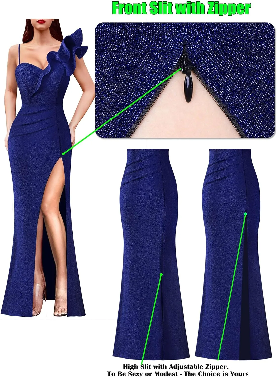 VFSHOW Womens Ruffle One Shoulder Strap Ruched Formal Prom Wedding Maxi Dress V Neck Elegant Split Cocktail Evening Long Gown