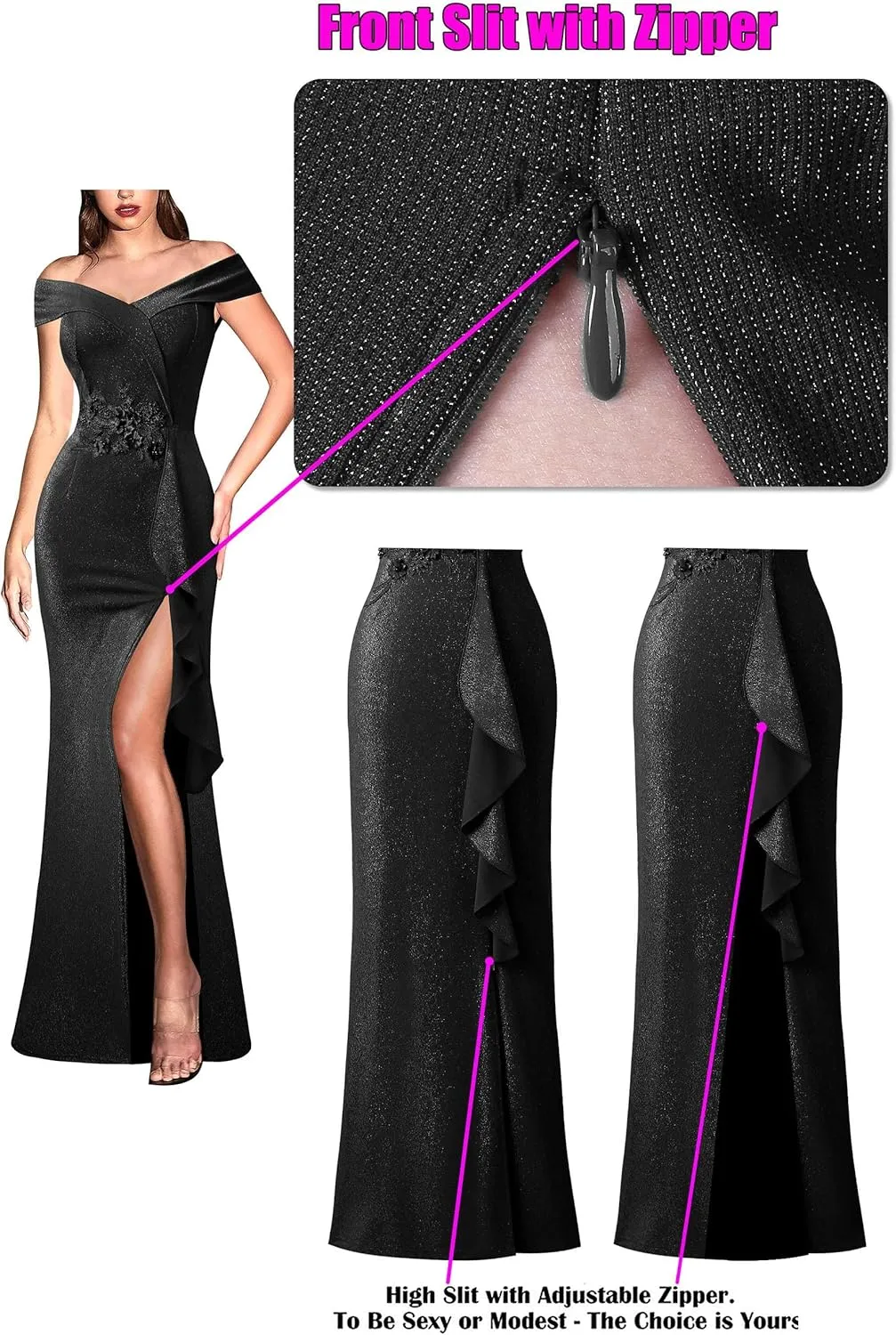 VFSHOW Womens Sexy Elegant Formal Prom Off Shoulder Ruffle High Slit Maxi Dress 2023 3D Flower Applique Cocktail Evening Gown