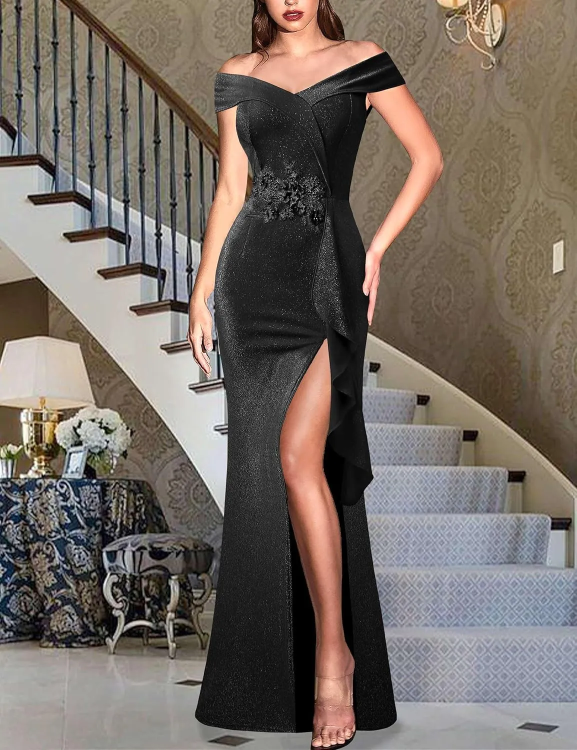 VFSHOW Womens Sexy Elegant Formal Prom Off Shoulder Ruffle High Slit Maxi Dress 2023 3D Flower Applique Cocktail Evening Gown