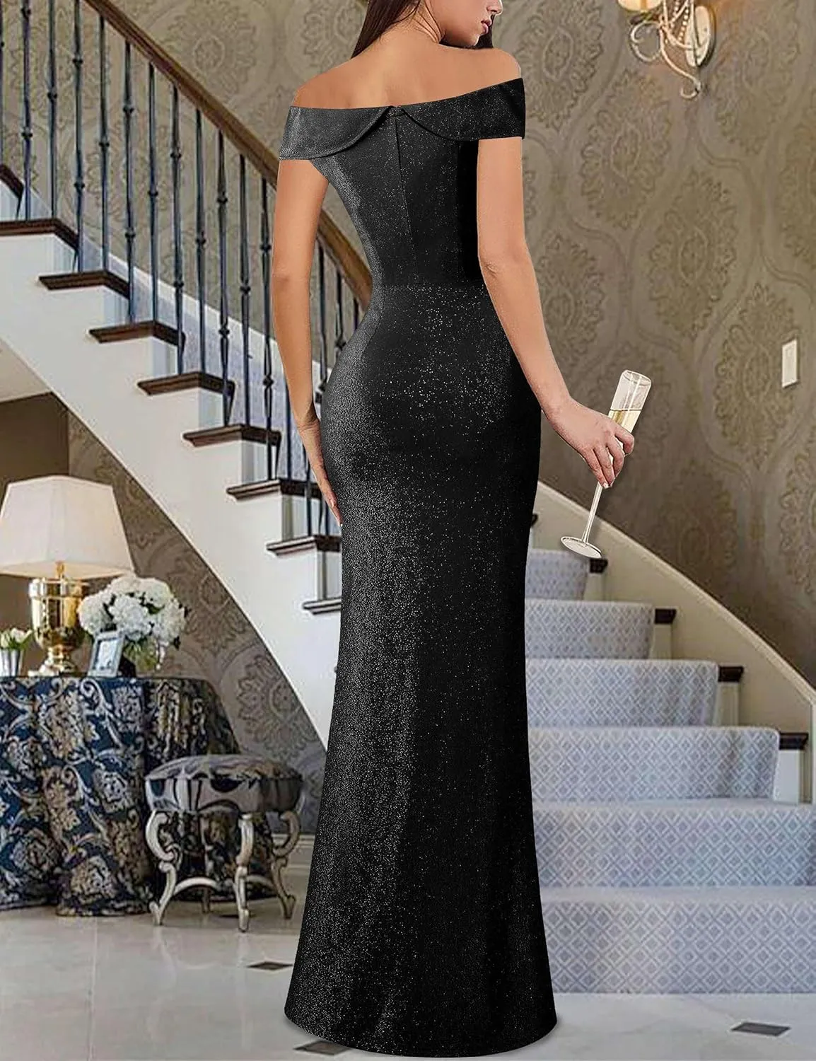 VFSHOW Womens Sexy Elegant Formal Prom Off Shoulder Ruffle High Slit Maxi Dress 2023 3D Flower Applique Cocktail Evening Gown