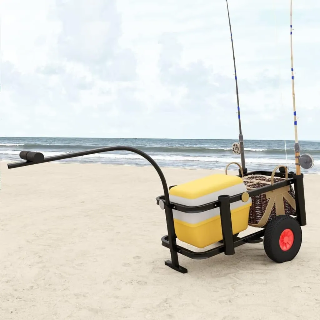 vidaXL - Black Steel Fishing Trolley with Bag - High Load Capacity and Easy Maneuverability with Pneumatic Wheels and Extendable Handle - Convenient Removable Bag and Fishing Rod Holders
