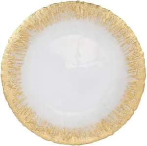 Vietri Rufolo Glass Gold Brushstroke Dinner Plate Handcrafted Italian Glass Tableware Elegant Design 11 Inch White Gold