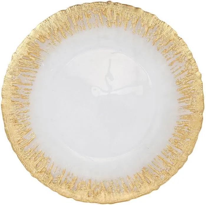 Vietri Rufolo Glass Gold Brushstroke Dinner Plate Handcrafted Italian Glass Tableware Elegant Design 11 Inch White Gold
