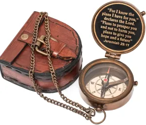 Vintage Brass Compass with Jeremiah 29:11 Bible Verse, Leather Case and Chain, Inspirational Christian Gift