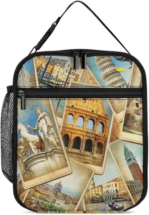 Vintage Collage Travel in Italy Reusable Lunch Bag Insulated Portable Lunch Box Bag Leak Proof Dining Bag Lunch Box Container Tote Pattern85, 27.5X20cm, style