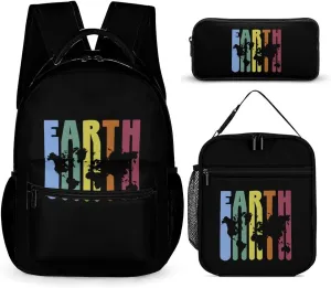 Vintage Earth Map Earth Day Unisex 3 Pcs Backpack Combination Set 16 in Daypack Insulated Lunch Bag Portable Pencil Case