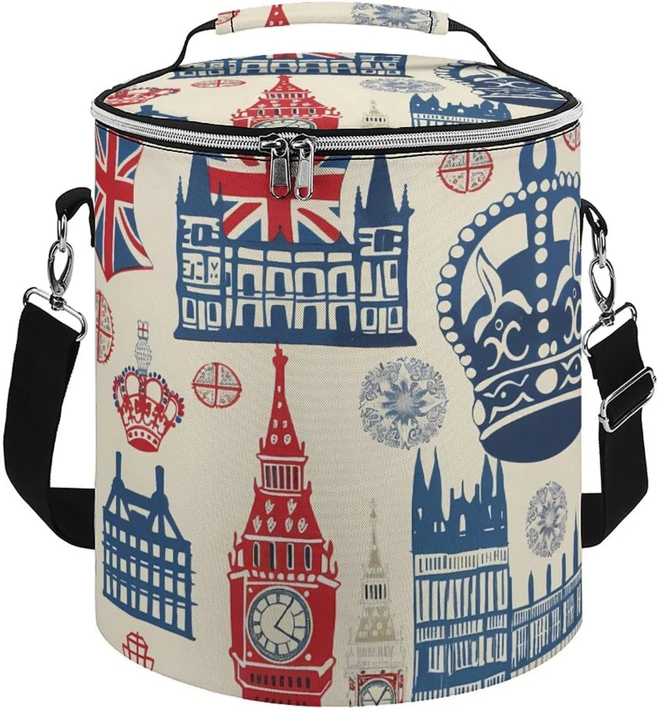 Vintage England London Big Ben Red Blue Crowns Insulated Lunch Bag Reusable Cooler Tote Bag for Camping Picnic Beach Work
