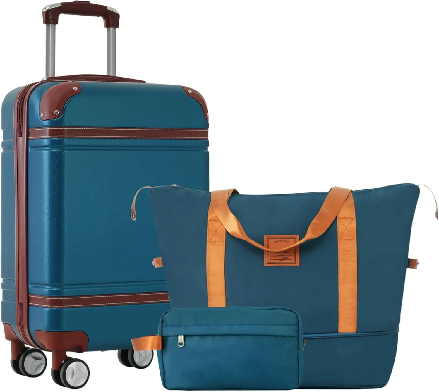 Vintage Hardshell Luggage Set: 20" ABS Carry-On Suitcase with TSA Lock - Includes Duffel & Toiletry Bags for Travel - Spinner Wheels & Silicone Handles for Easy Maneuvering
