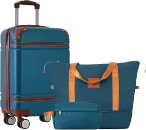 Vintage Hardshell Luggage Set: 20" ABS Carry-On Suitcase with TSA Lock - Includes Duffel & Toiletry Bags for Travel - Spinner Wheels & Silicone Handles for Easy Maneuvering
