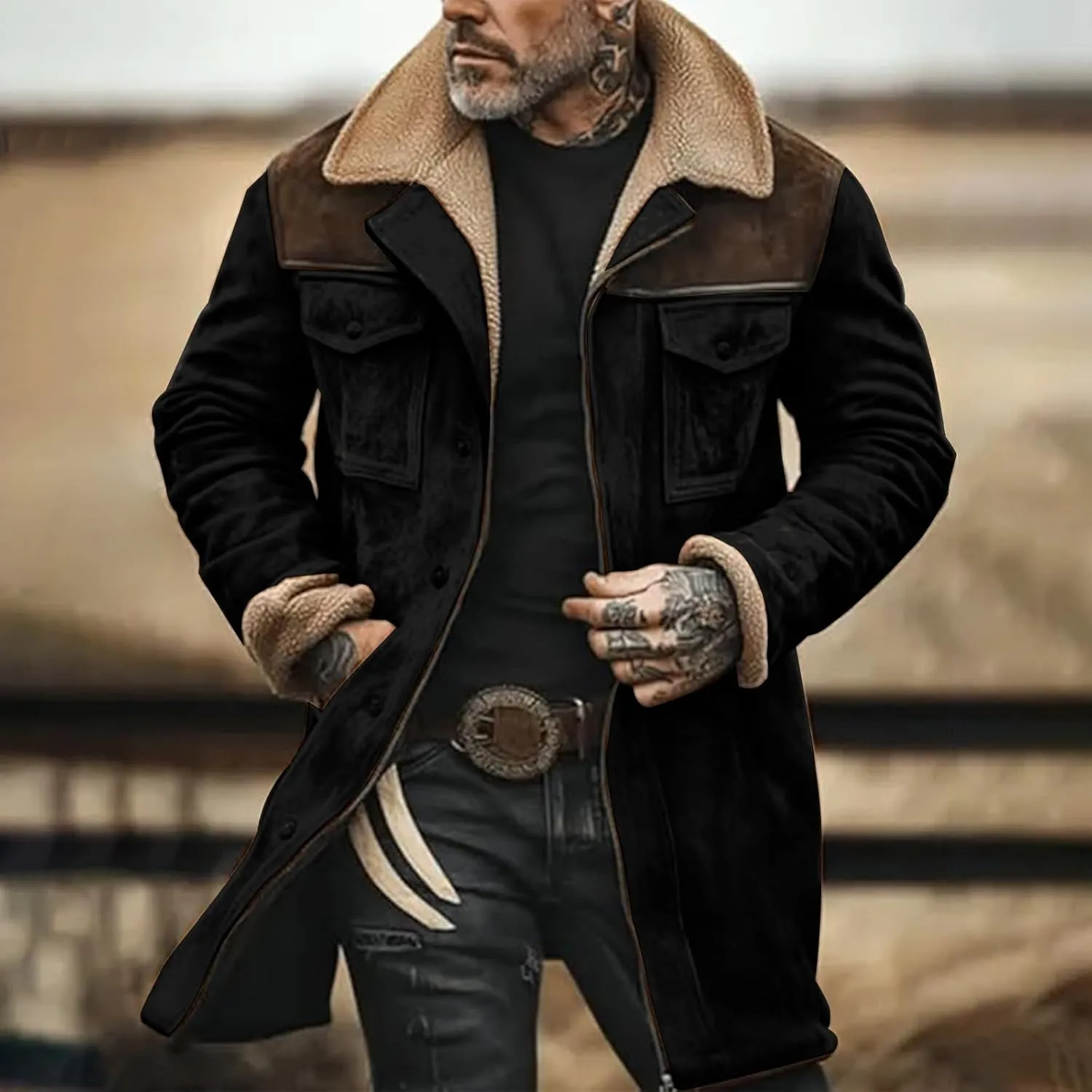 Vintage Suede Pocket Plush Reversed Collar Mens Outdoor Jacket Coat Retro Fashion Tops Warm Winter Shacket Outerwear