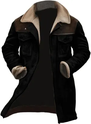 Vintage Suede Pocket Plush Reversed Collar Mens Outdoor Jacket Coat Retro Fashion Tops Warm Winter Shacket Outerwear