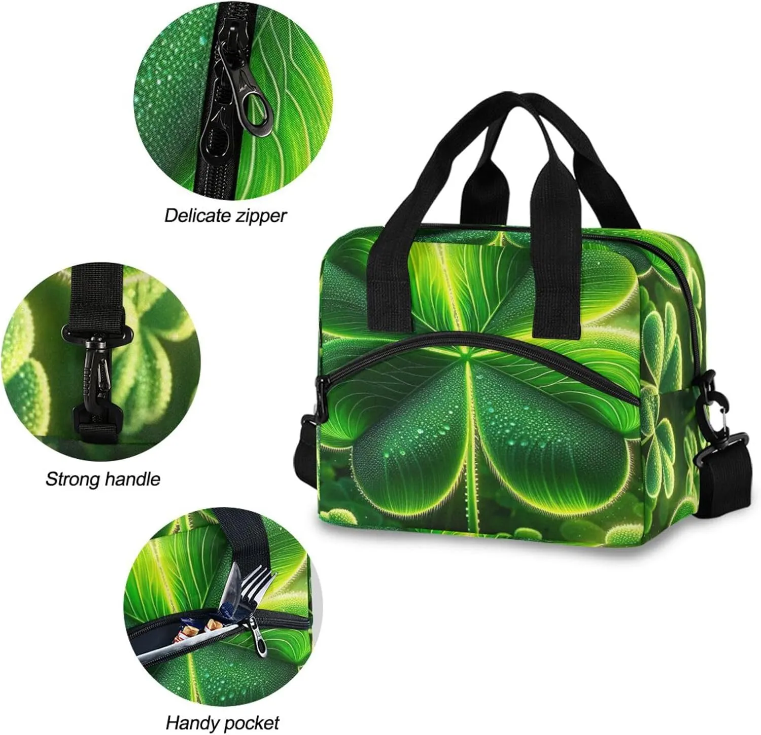 Vivid Green Shamrock Flourish Insulated Cooler Tote Cooler Lunch Bags Insulated, Tote Lunch Box, Cooler with Shoulder Strap