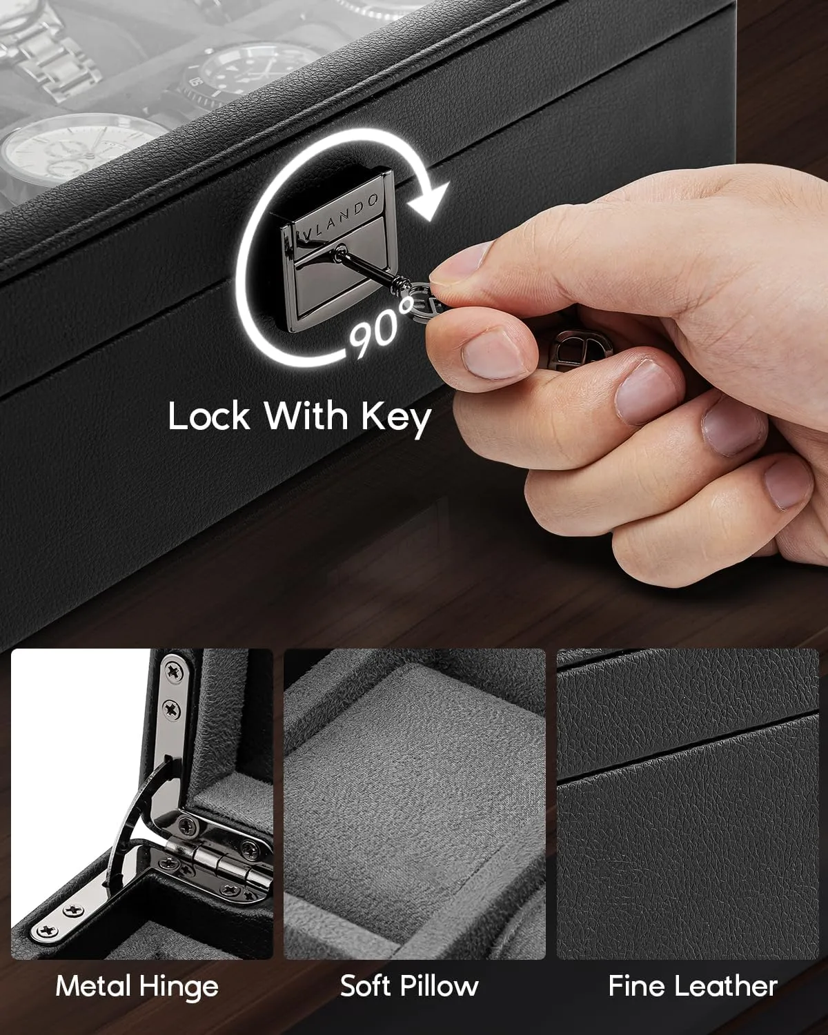 Vlando 6-Slot Watch Box Organize, Lockable Watch Case with Textured Leather, 2 Layer Watch Holder for Rings, Bracelets, Glasses, Glass Lid, Removable Divider, Gift for Fathers, Husband, Friend, Grey