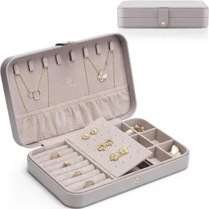 Vlando Travel Jewelry Box for Women - PU Leather Portable Jewelry Holder Organizer for Trip,Storage for Necklace Earring Ring, Small Size- Gifts for Teen, Girls, Moms and Daughters - Grey