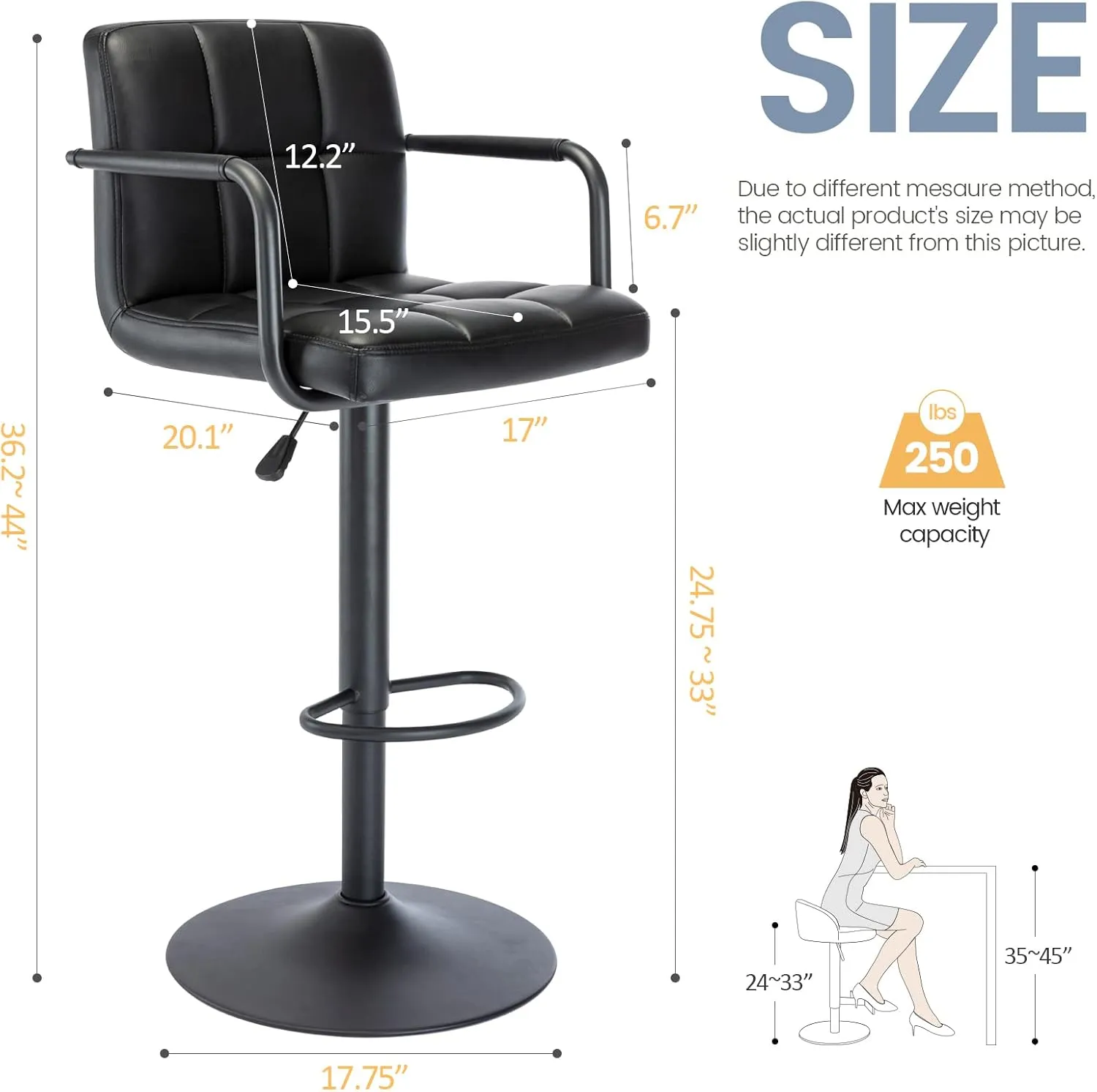 Vogue Furniture Direct Modern PU Leather Square Bar Stool, Adjustable Swivel Barstool with Back and Arms, Airlift Counter Height Chair for Kitchen Dining Pub Cafe, 1 Chair (Black, Black Base)