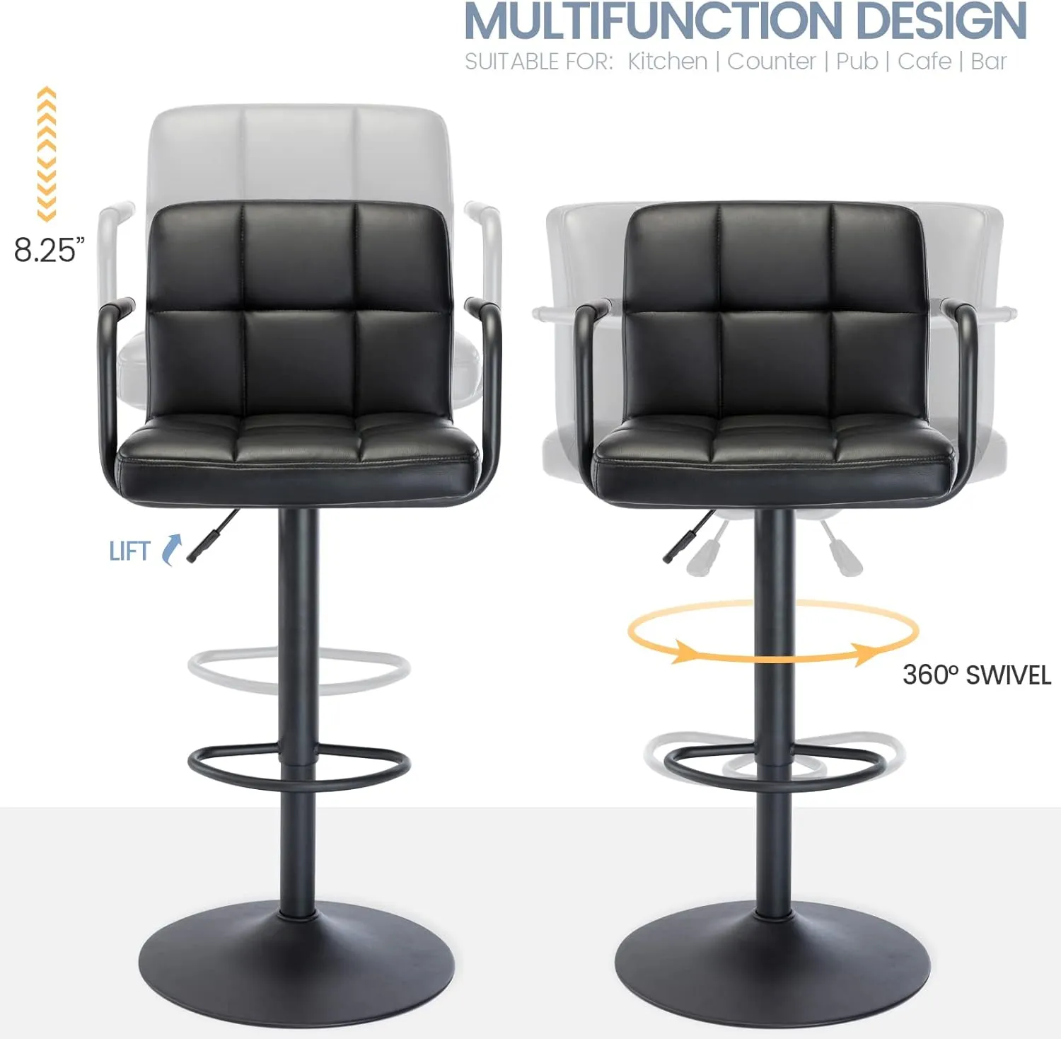 Vogue Furniture Direct Modern PU Leather Square Bar Stool, Adjustable Swivel Barstool with Back and Arms, Airlift Counter Height Chair for Kitchen Dining Pub Cafe, 1 Chair (Black, Black Base)