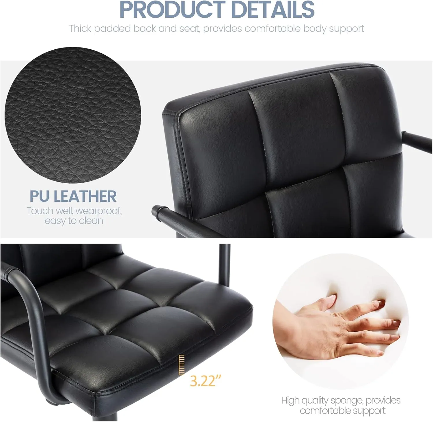 Vogue Furniture Direct Modern PU Leather Square Bar Stool, Adjustable Swivel Barstool with Back and Arms, Airlift Counter Height Chair for Kitchen Dining Pub Cafe, 1 Chair (Black, Black Base)