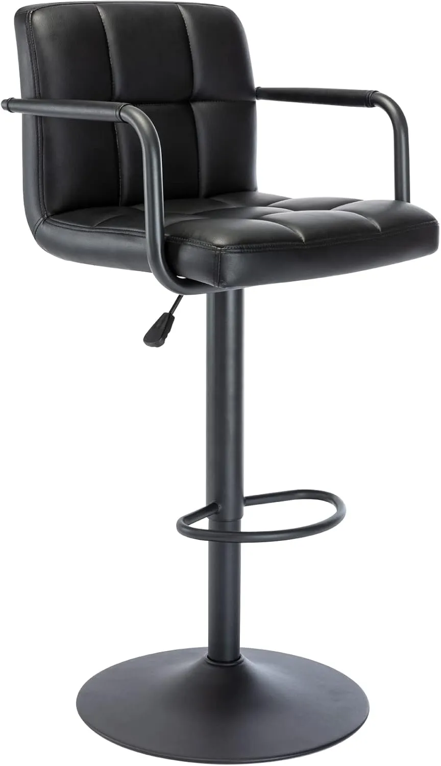 Vogue Furniture Direct Modern PU Leather Square Bar Stool, Adjustable Swivel Barstool with Back and Arms, Airlift Counter Height Chair for Kitchen Dining Pub Cafe, 1 Chair (Black, Black Base)