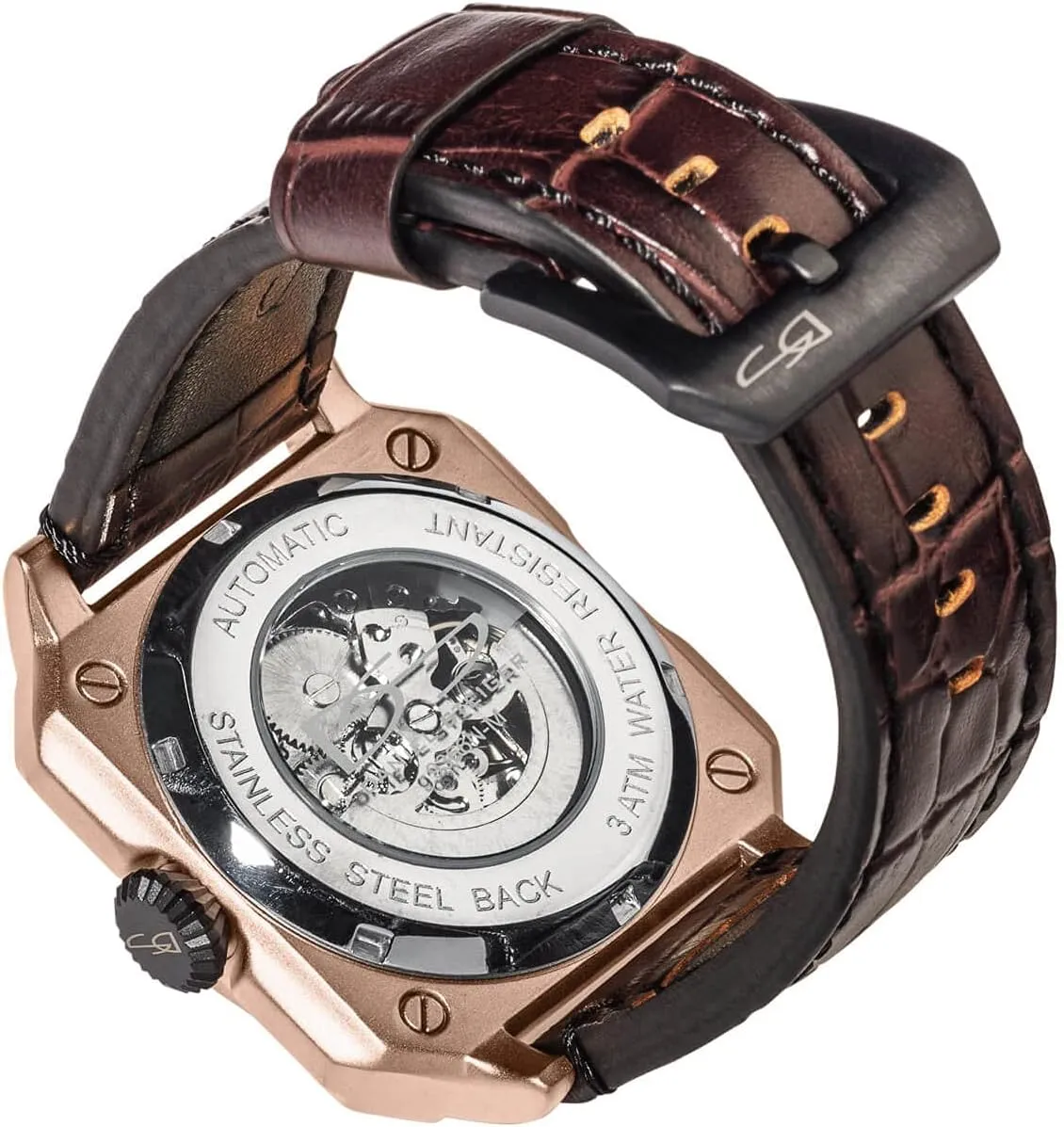 Vortex Men's Watch - Designer Men's Watch - Croc Leather Band - Self-Winding Automatic Movement - Skeleton Dial - Gift Case