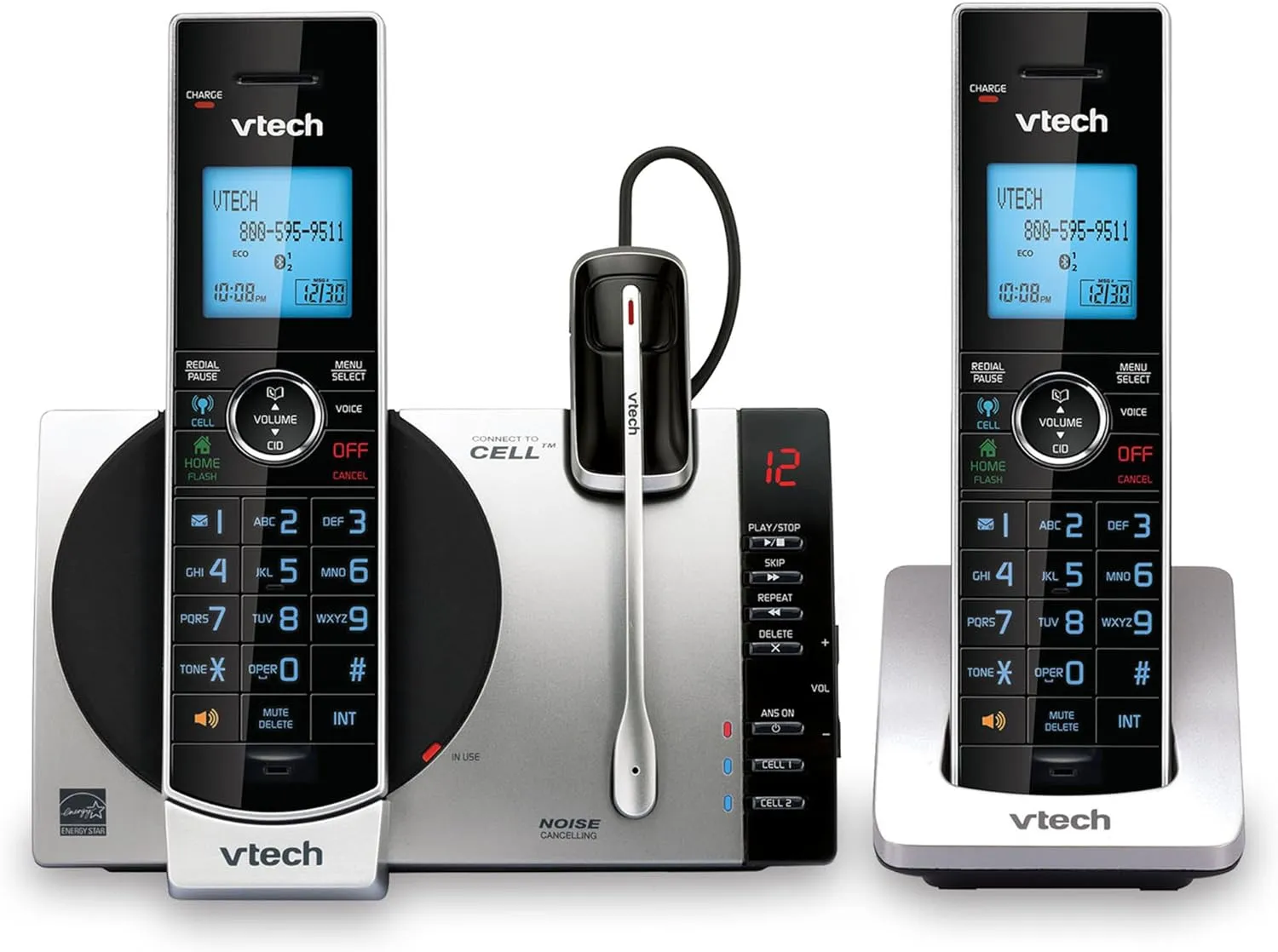 VTech DS6771-3 Connect to Cell, Cordless Phone with Answering Machine, DECT 6.0 Headset 2 Handset Intercom, Bluetooth, Caller ID/Call Waiting, Expandable System - Silver/Black