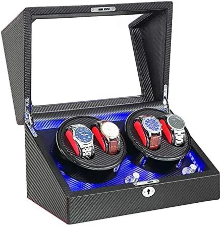 Watch Shaker Watch Winder Automatic 4 Built-in LED Light Fiber Leather AC Adapter and Battery Powered Quiet Motor