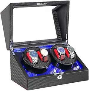 Watch Shaker Watch Winder Automatic 4 Built-in LED Light Fiber Leather AC Adapter and Battery Powered Quiet Motor