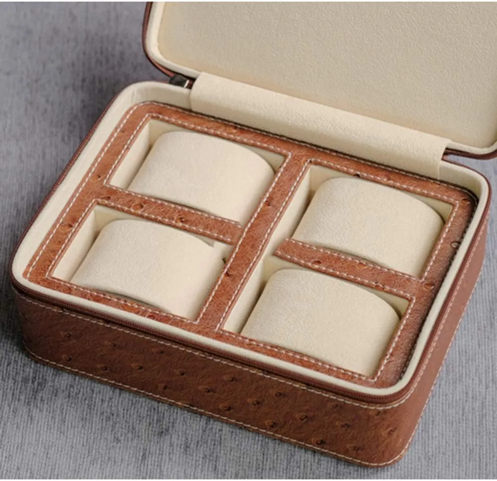 Watch Storage Bag - Portable Artificial Leather Zipper Box for Four Watches & Bracelets - for Travel - Compact and Stylish Design