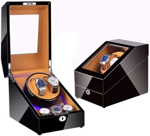 Watch Watch Winder for 2 Automatic Watches with Extra 3 Watch Storages LED Illumination Wood Shell Piano Finish Silent Motor Self Winding (F)
