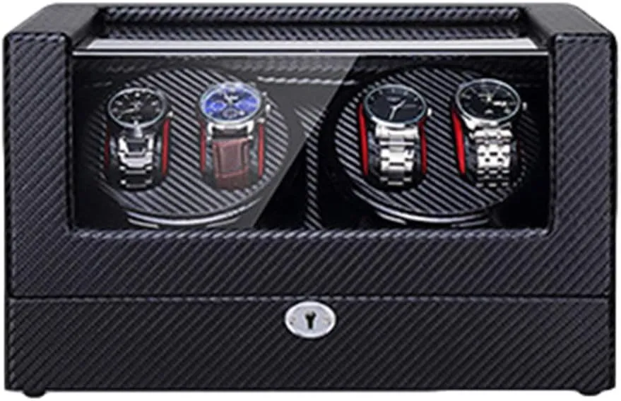 Watch Winder Automatic 4 Built-in LED Light Carbon Fiber Leather AC Adapter and Battery Powered Quiet Motor Watch Winder Display Storage Box
