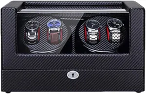 Watch Winder Automatic 4 Built-in LED Light Carbon Fiber Leather AC Adapter and Battery Powered Quiet Motor Watch Winder Display Storage Box
