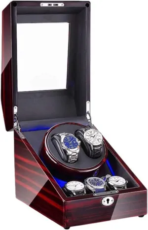 Watch Winder Box for 2 Automatic Watch   3 Storage Space Piano Paint Finish with Blue LED Light Quiet Motor (B)
