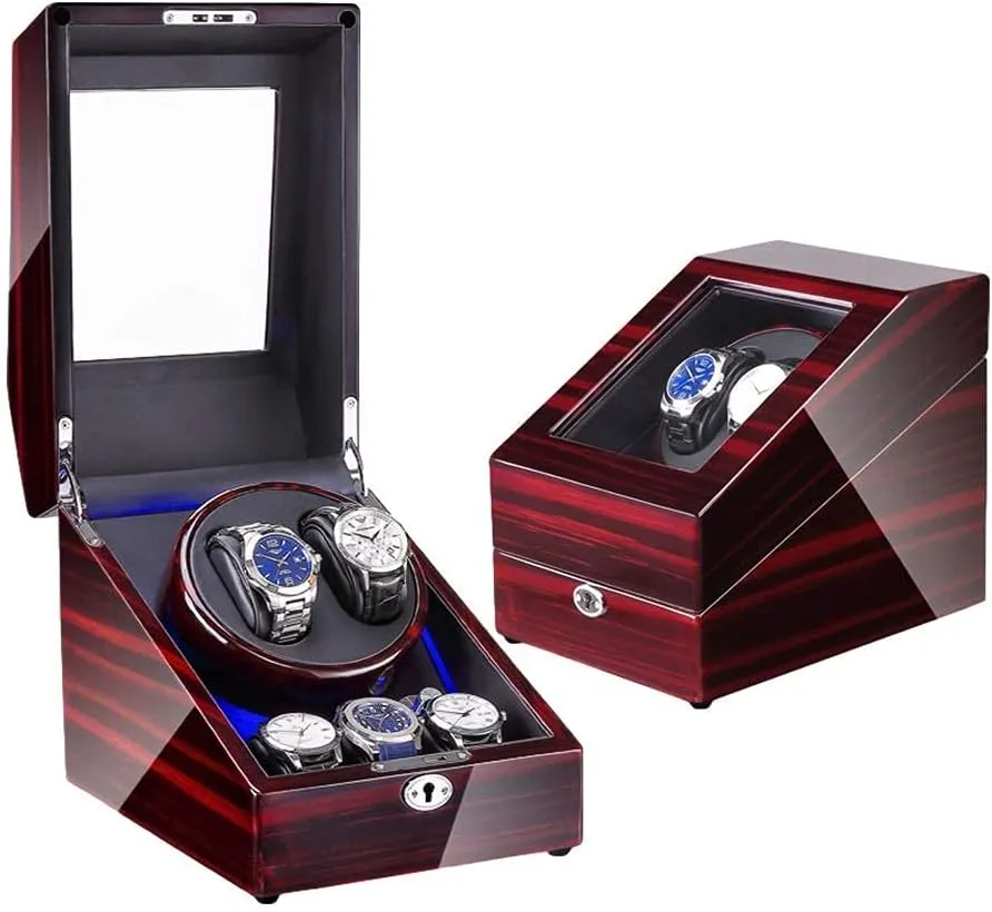 Watch Winder Box for 2 Automatic Watch   3 Storage Space Piano Paint Finish with Blue LED Light Quiet Motor (B)