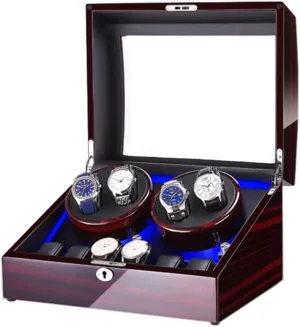 Watch Winder Box for 4 6 Automatic Watches, with Blue LED Light, Piano Paint Exterior, 4 Rotation Modes Watch Winder Box Best Gift