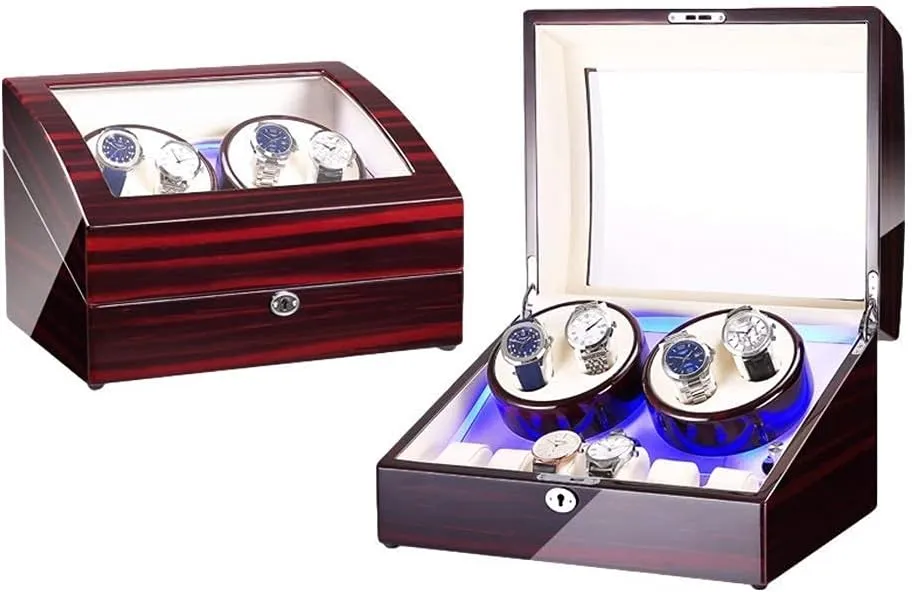 Watch Winder Box for 4 Automatic Watch   6 Storage Space with Blue Led Light Piano Paint Finish Dual Power Supply Watch Winder Display Watch Box Case Watch Storage