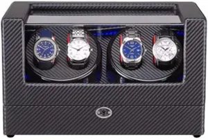 Watch Winder Box for 4 Automatic Watches, with Blue LED Light, Carbon Fiber Leather，Super Quiet Motor, 4 Rotation Modes Accessories