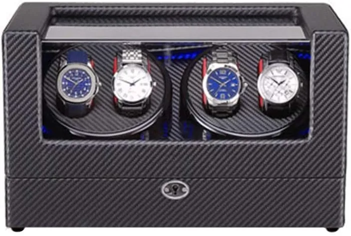 Watch Winder Box for 4 Automatic Watches, with Blue LED Light, Carbon Fiber Leather，Super Quiet Motor, 4 Rotation Modes Accessories